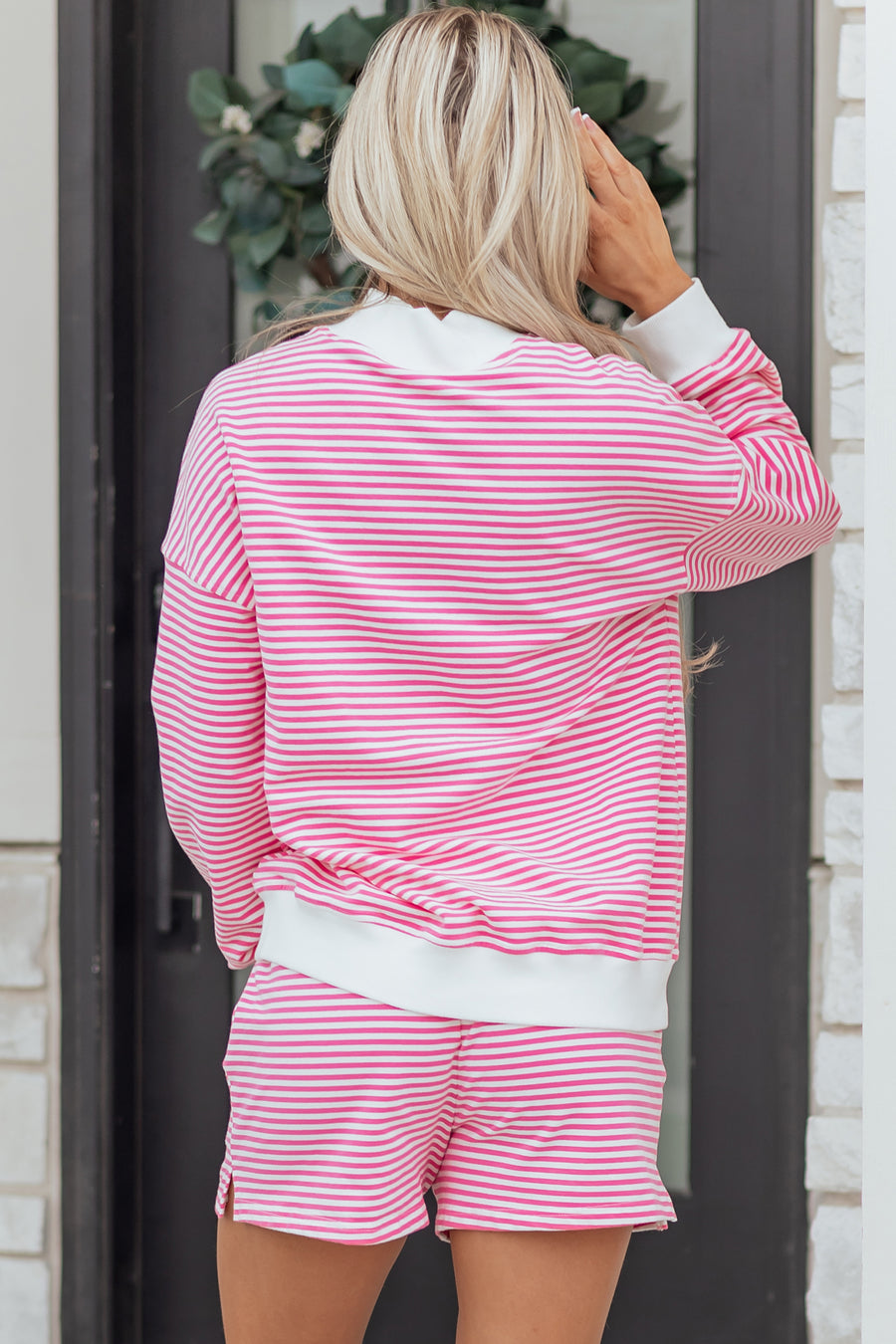 Stripe Oversize Mock Neck Sweatshirt & Shorts Co-Ord Set