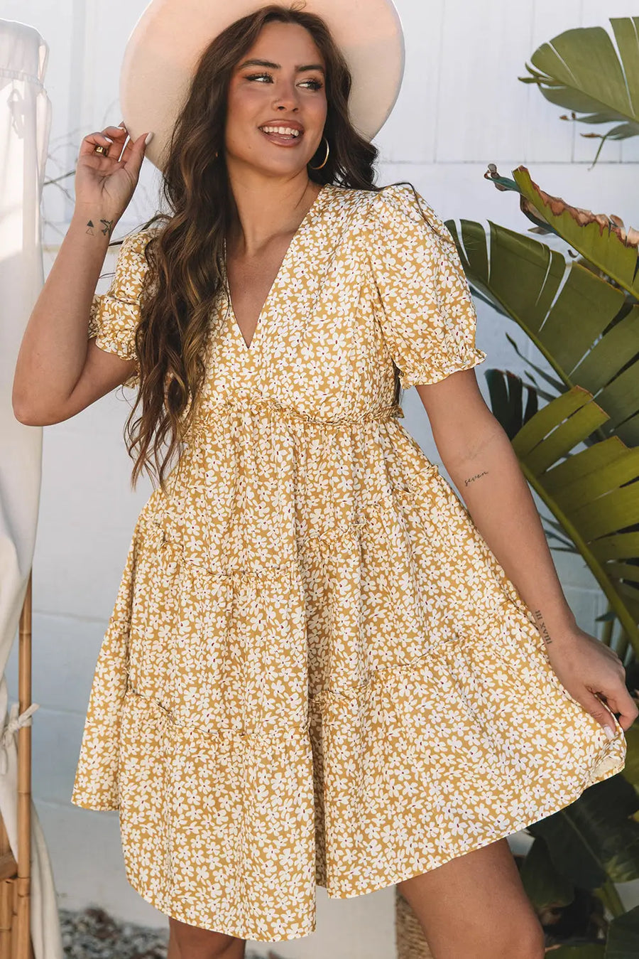 Yellow Floral Short Sleeve V Neck Frilly Tiered Mini Dress Women UK