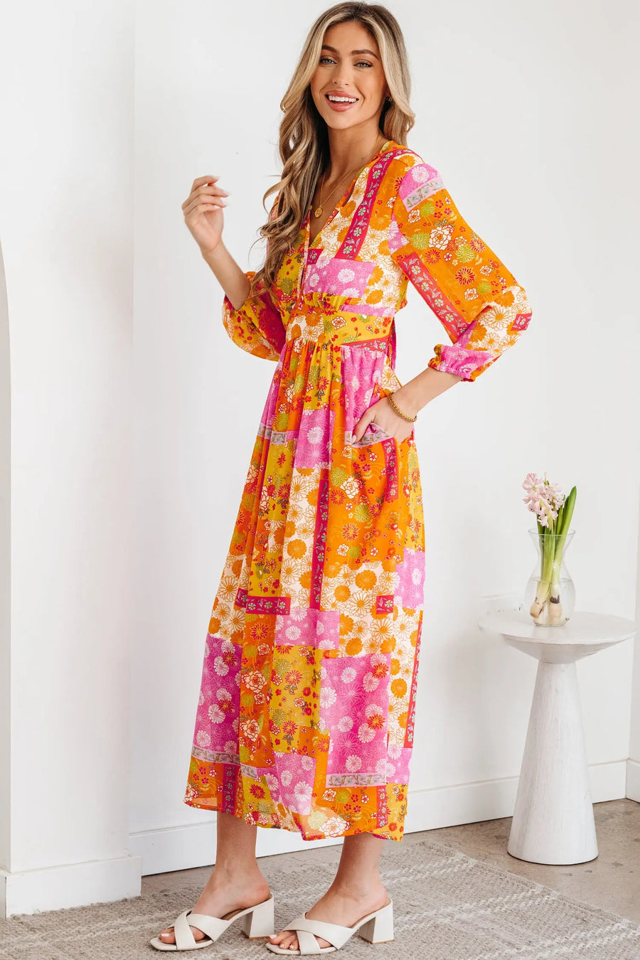 Orange Floral Patchwork Bracelet Sleeve Tied Back Maxi Dress Women UK — full length