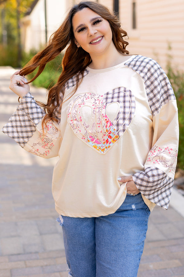 Beige Plaid Floral Peace Heart Graphic Long Sleeve Top Women UK