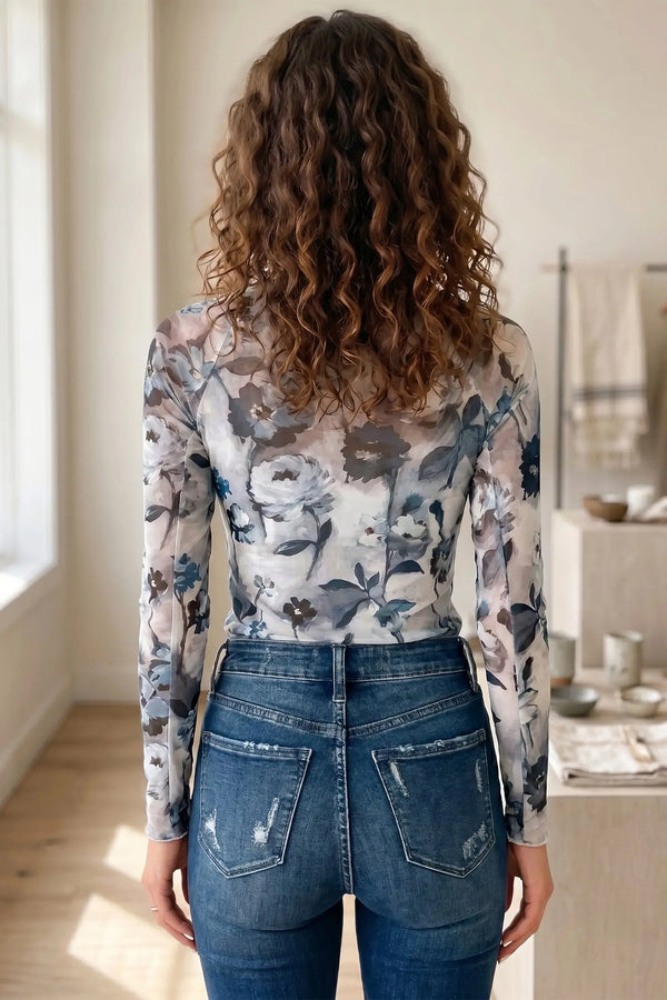 Sky blue floral mesh high neck sheath top back view — Fashionfitz UK