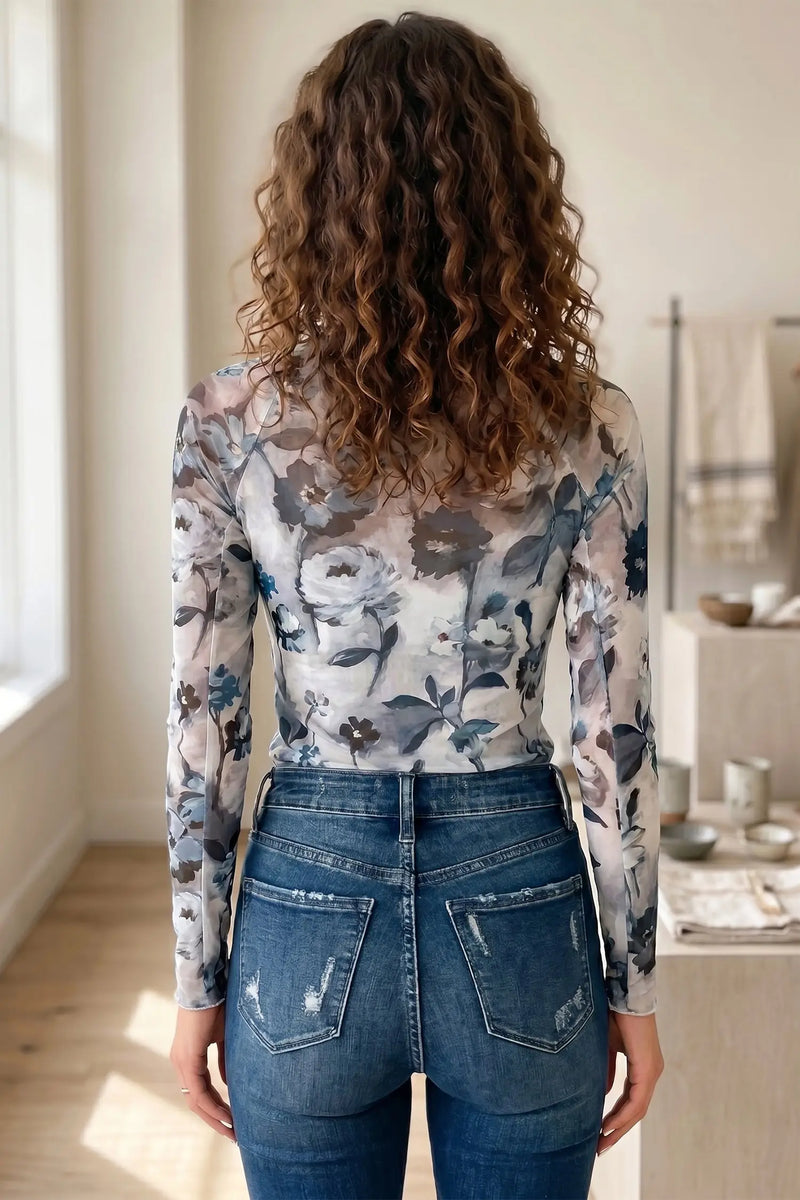 Sky blue floral mesh high neck sheath top back view — Fashionfitz UK