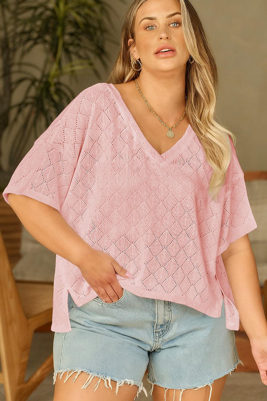 Pointelle Rhombus Knit V Neck Loose Plus Size Top Women UK