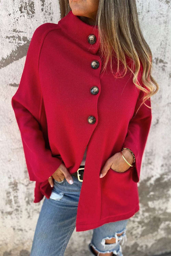 Women's Red Collared Wrap Cardigan Jacket styled with jeans, featuring front buttons and a relaxed fit for seasonal layering.