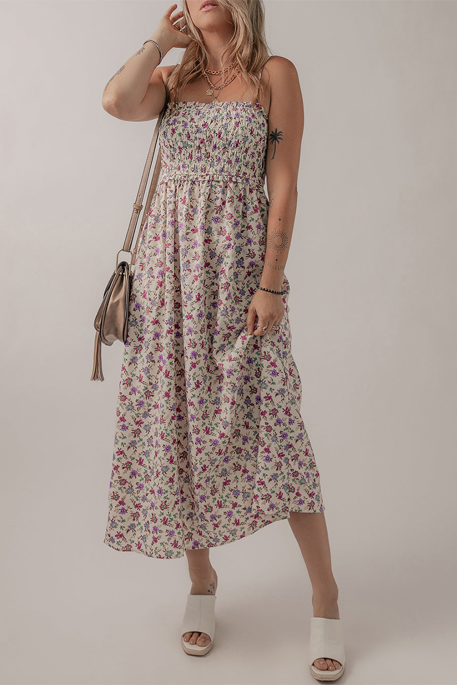 Multicolour Bohemian Ditsy Floral Smocked Fit Flare Sundress Women UK