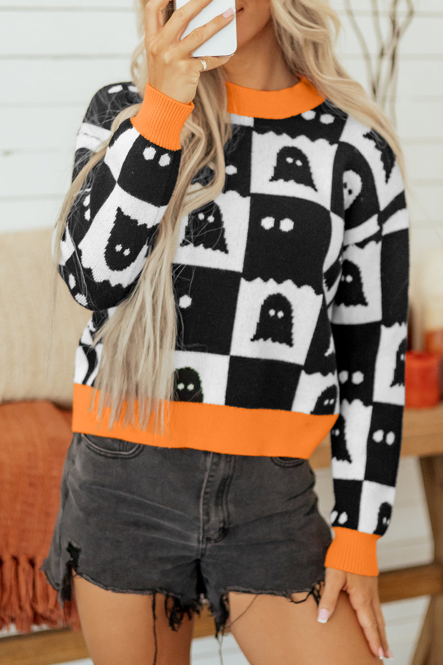 High Neck Drop Shoulder Geometric Print Sweater