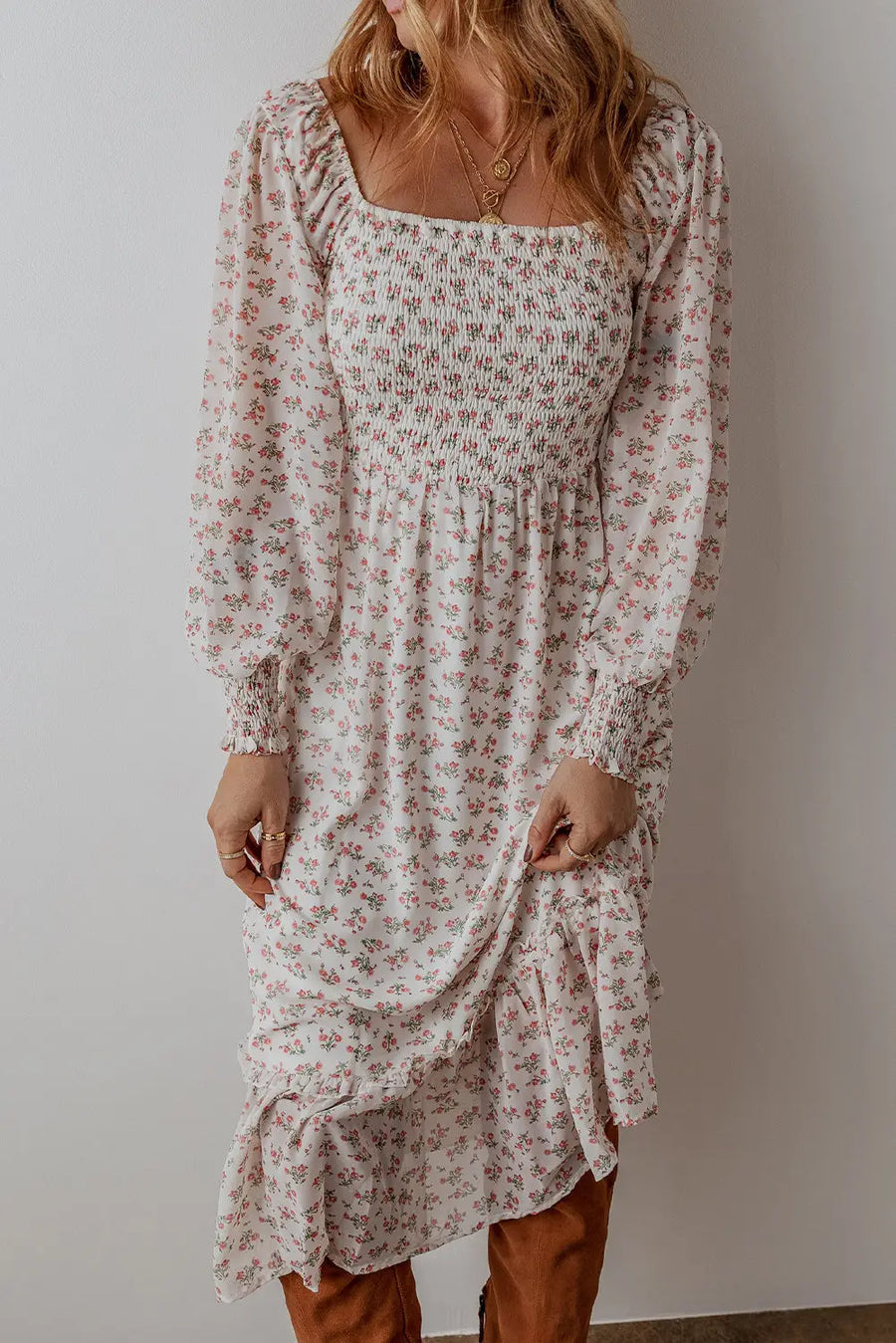 White Floral Shirred Square Neck Ruffled Hem Midi Dress Women UK
