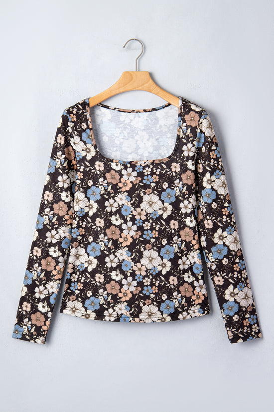 Black Floral Slim Long-Sleeve Top