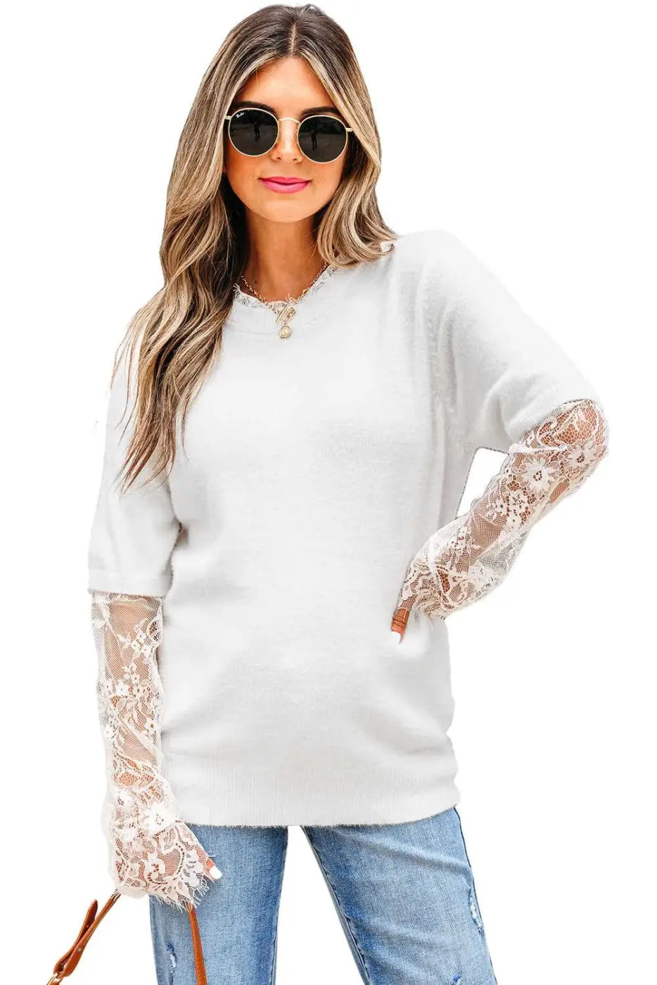 Beige lace sleeve fuzzy sweater women uk | fashionfitz