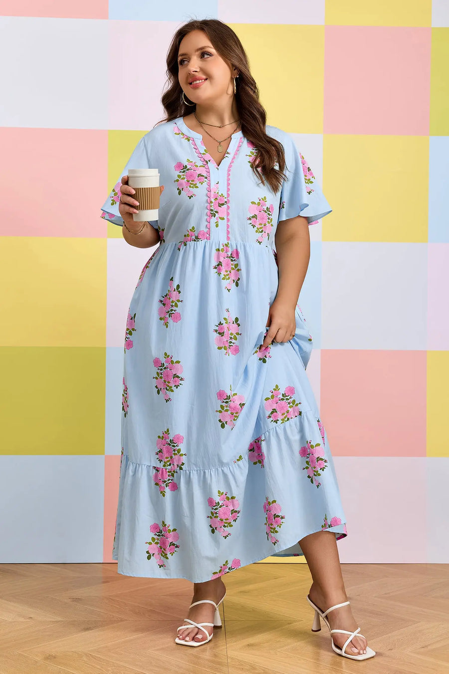 Sky Blue Plus Size Floral Scalloped V-Neck Dress Women UK — side detail