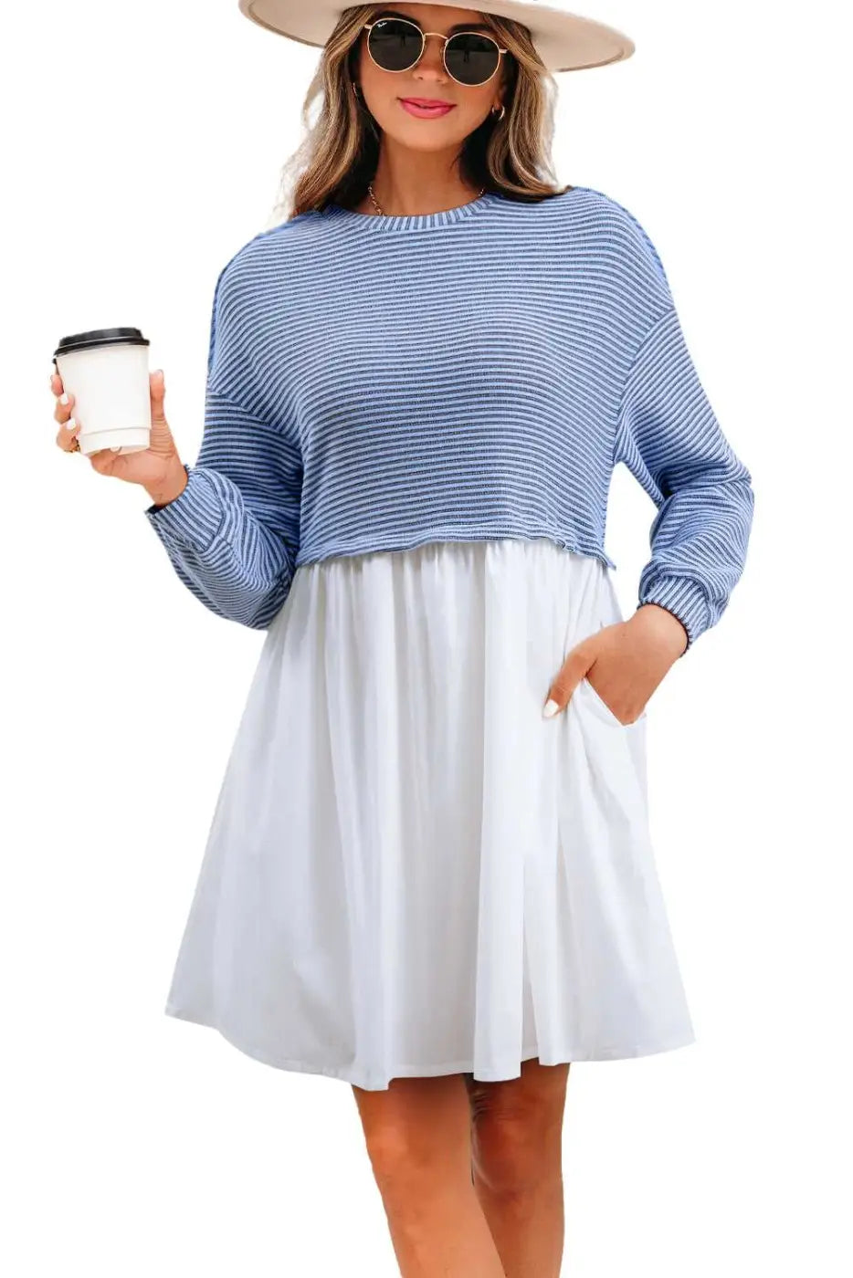 Cobalt stripe pleated dress - trendy & elegant | high waist design