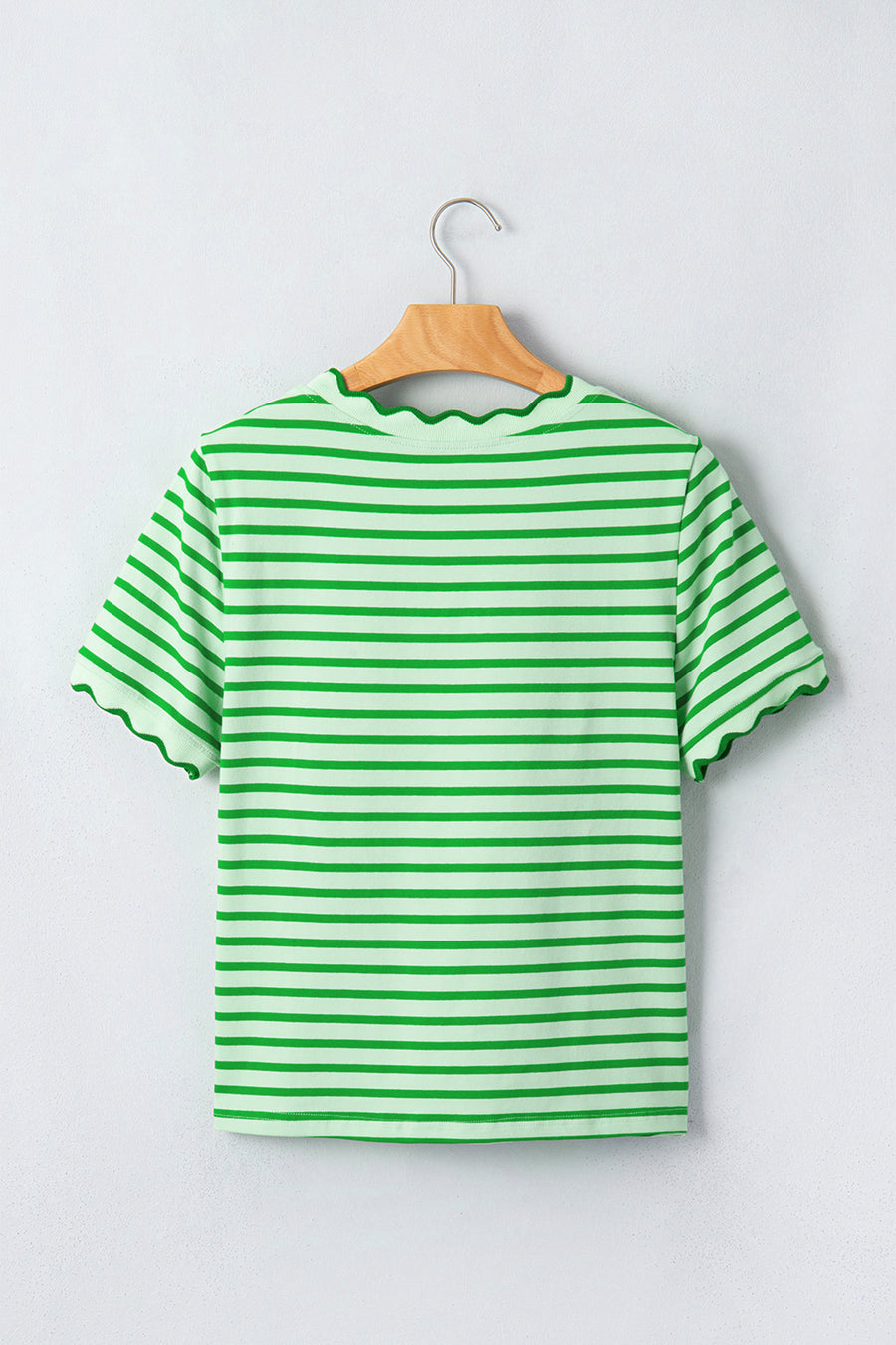 Scalloped Trim Stripe Cotton T-Shirt Round Neck Short Sleeve