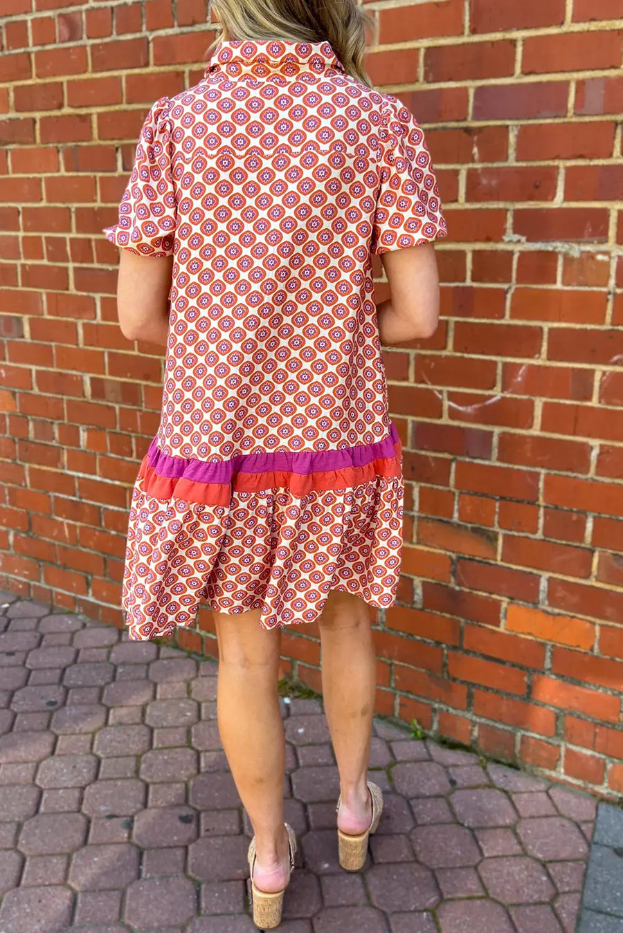 Orange Geometric Floral Color Block Trim Button Front Dress Women UK — side detail