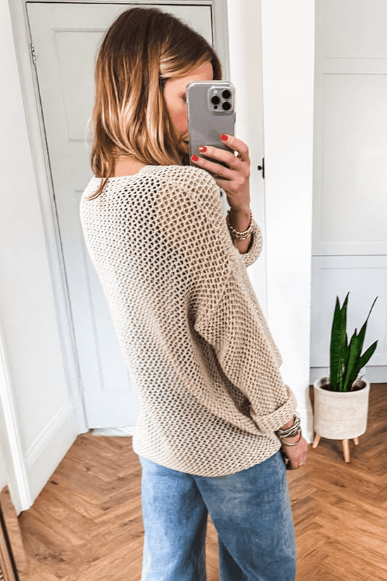 Smoke Gray Crochet Summer Jumper with breathable open-knit design, styled casually with jeans for a chic warm-weather look.