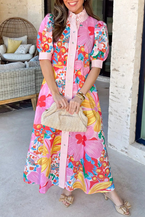 Floral print button-down vacation dress front view — Fashionfitz UK