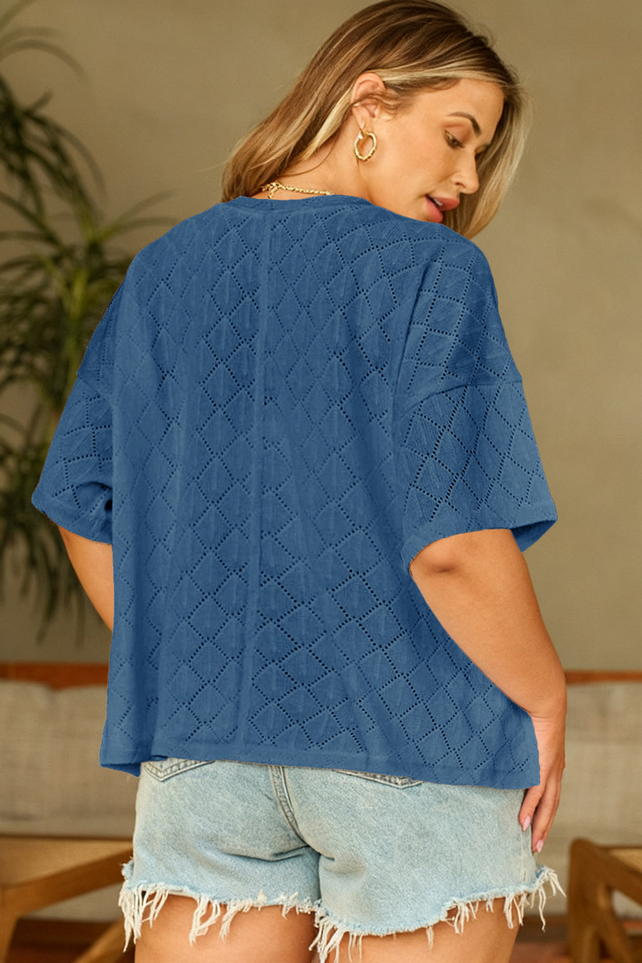 Pointelle Rhombus Knit V Neck Loose Plus Size Top Women UK