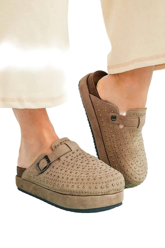 Parchment rivet buckle closed toe platform slippers