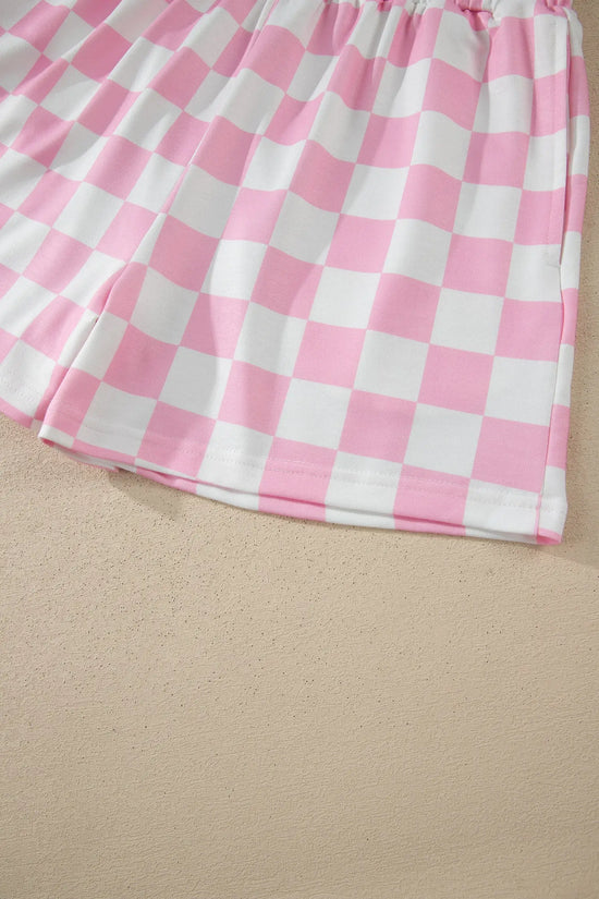 Checkered colour block trim mock neck short set outfit sets