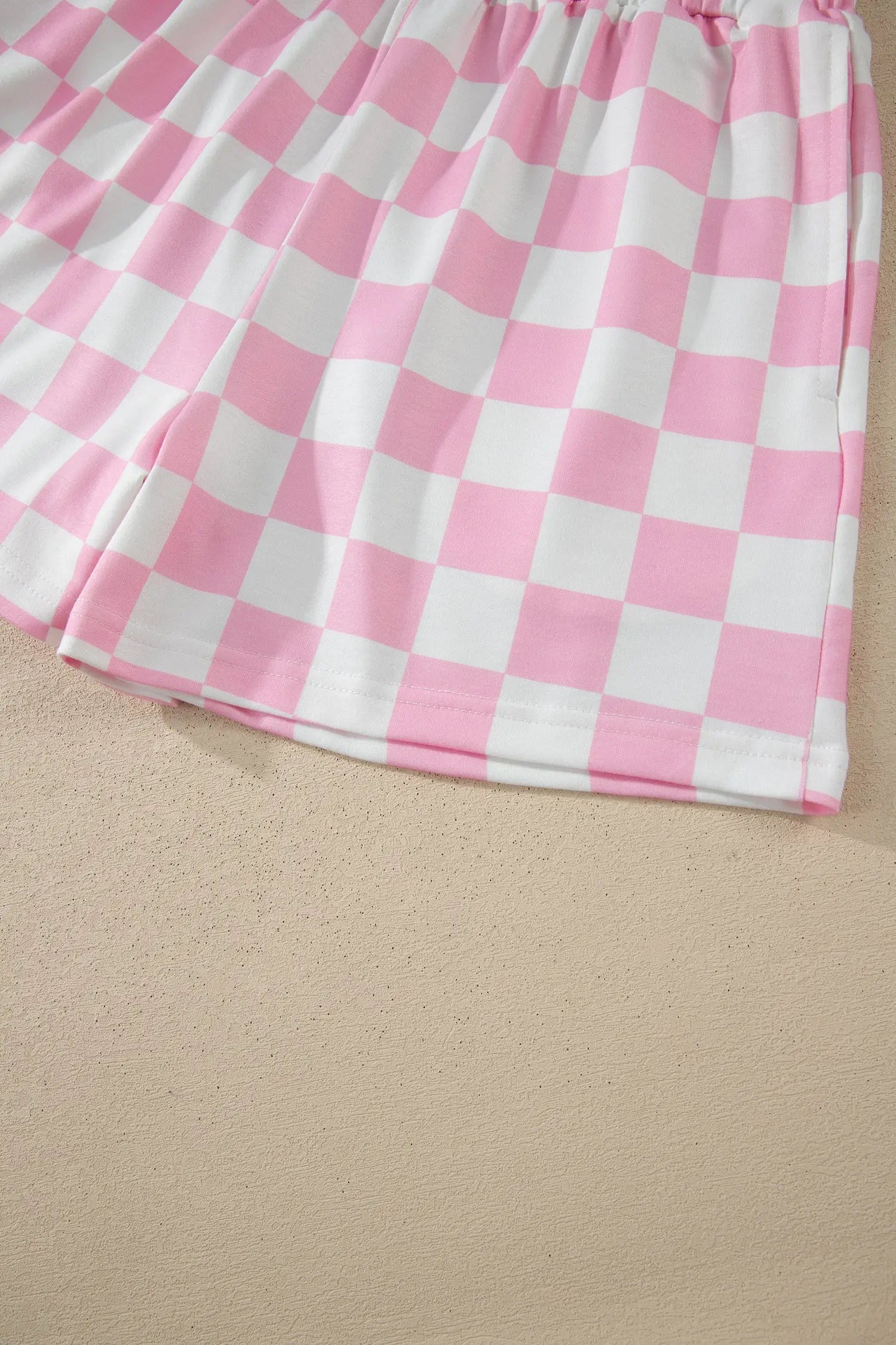 Checkered colour block trim mock neck short set outfit sets