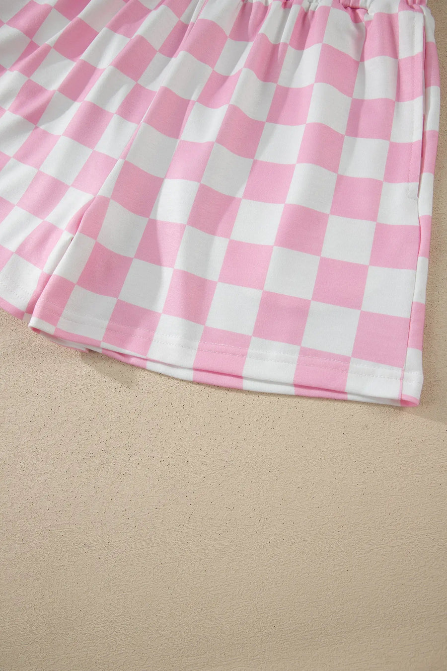 Checkered colour block trim mock neck short set outfit sets
