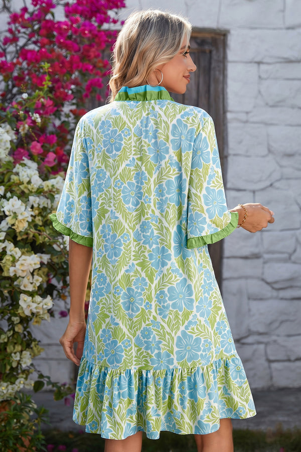 Sky Blue Botanical Floral Frilled Trim Button Front Dress Women UK
