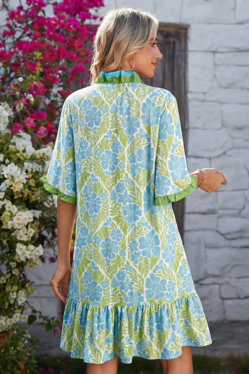 Sky Blue Botanical Floral Frilled Trim Button Front Dress Women UK
