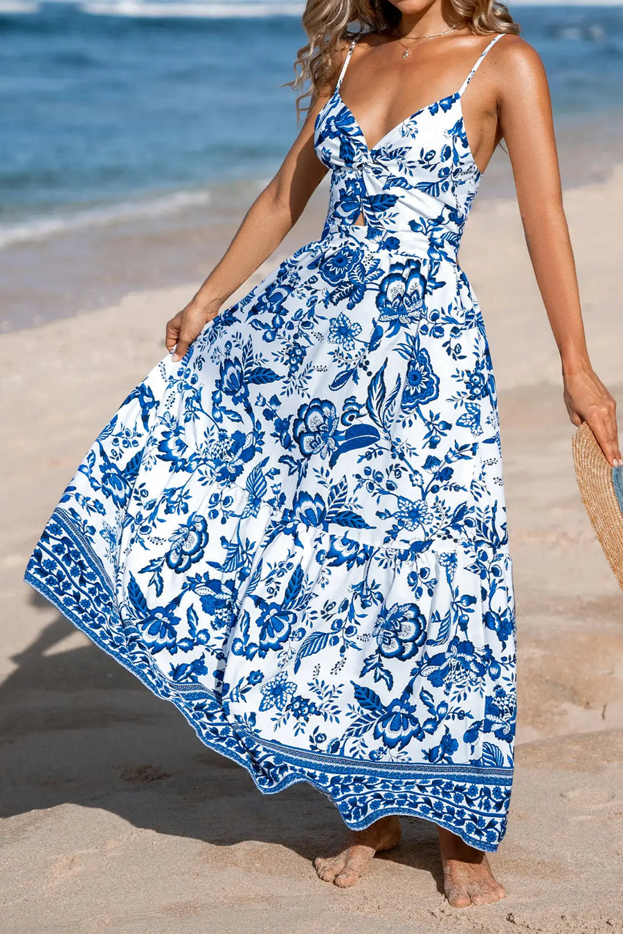 Sky Blue Twisted Bust Spaghetti Strap Backless Maxi Dress Women UK