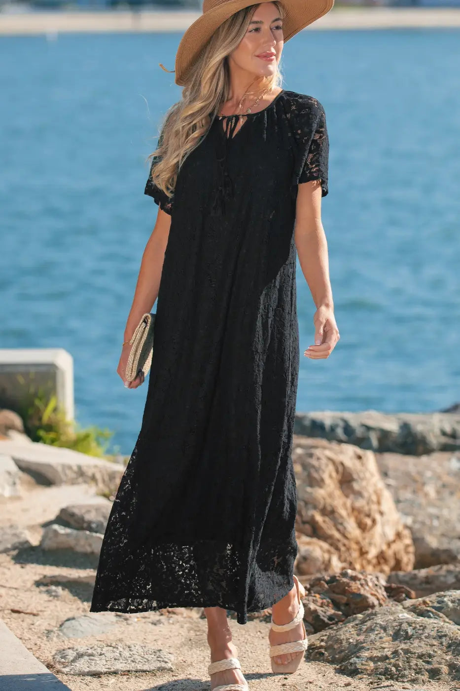 Black lace maxi dress women | overlay sundress