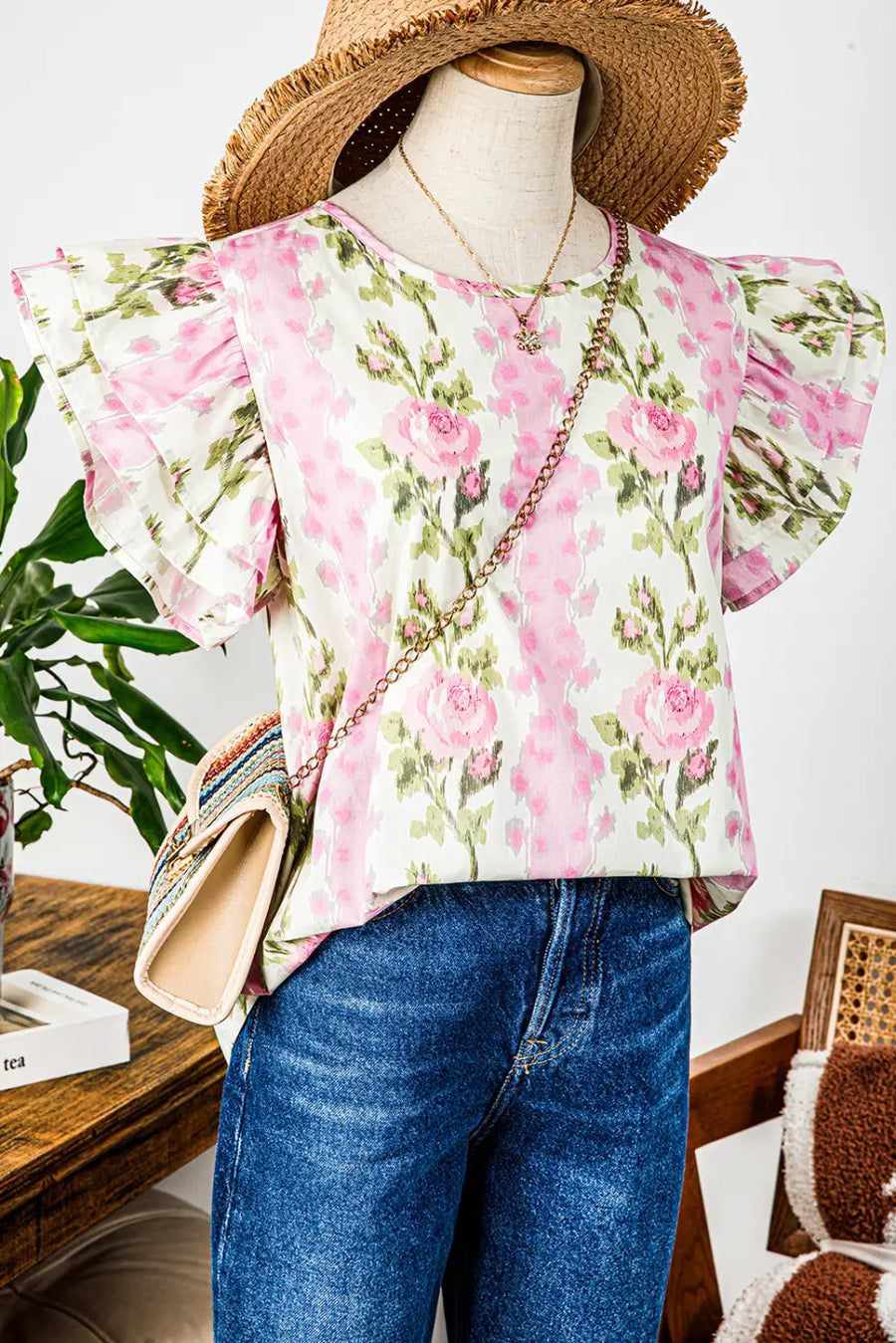 Floral ruffled sleeve top - summer essentials | versatile women’s wear