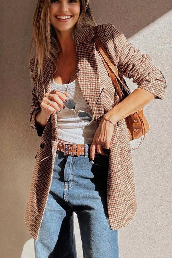 Close-up of Ladies Brown Houndstooth Fitted Blazer styled with a white tank and brown belt, ideal for modern fall fashion.