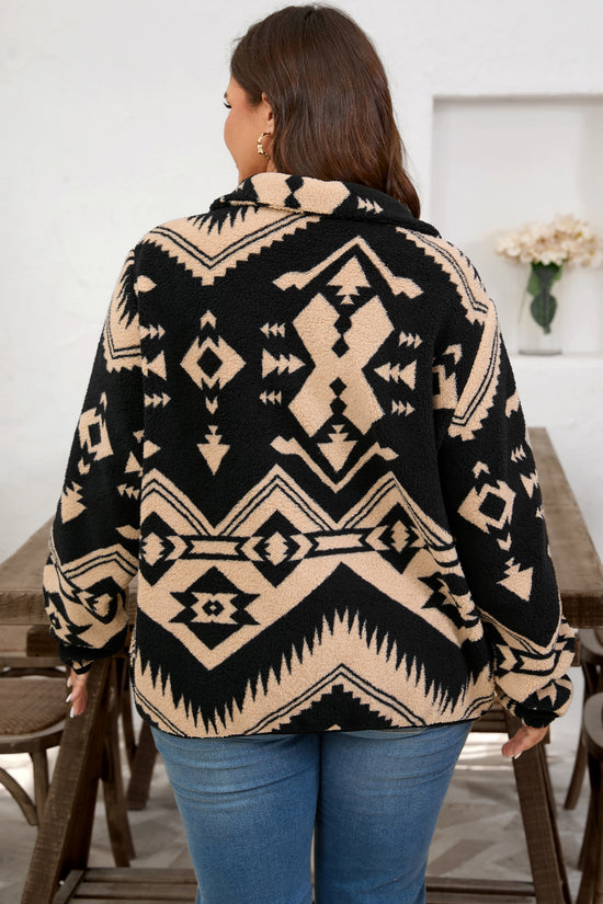 Black Plus Size Aztec Print Plush Sweatshirt