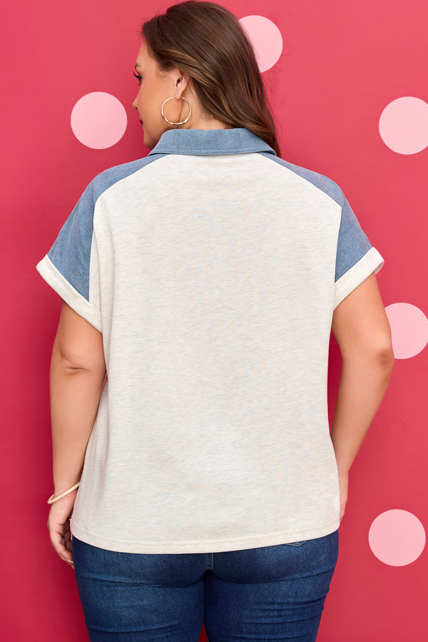 Beige polo tee plus size — side view showing denim cuffed sleeve detail