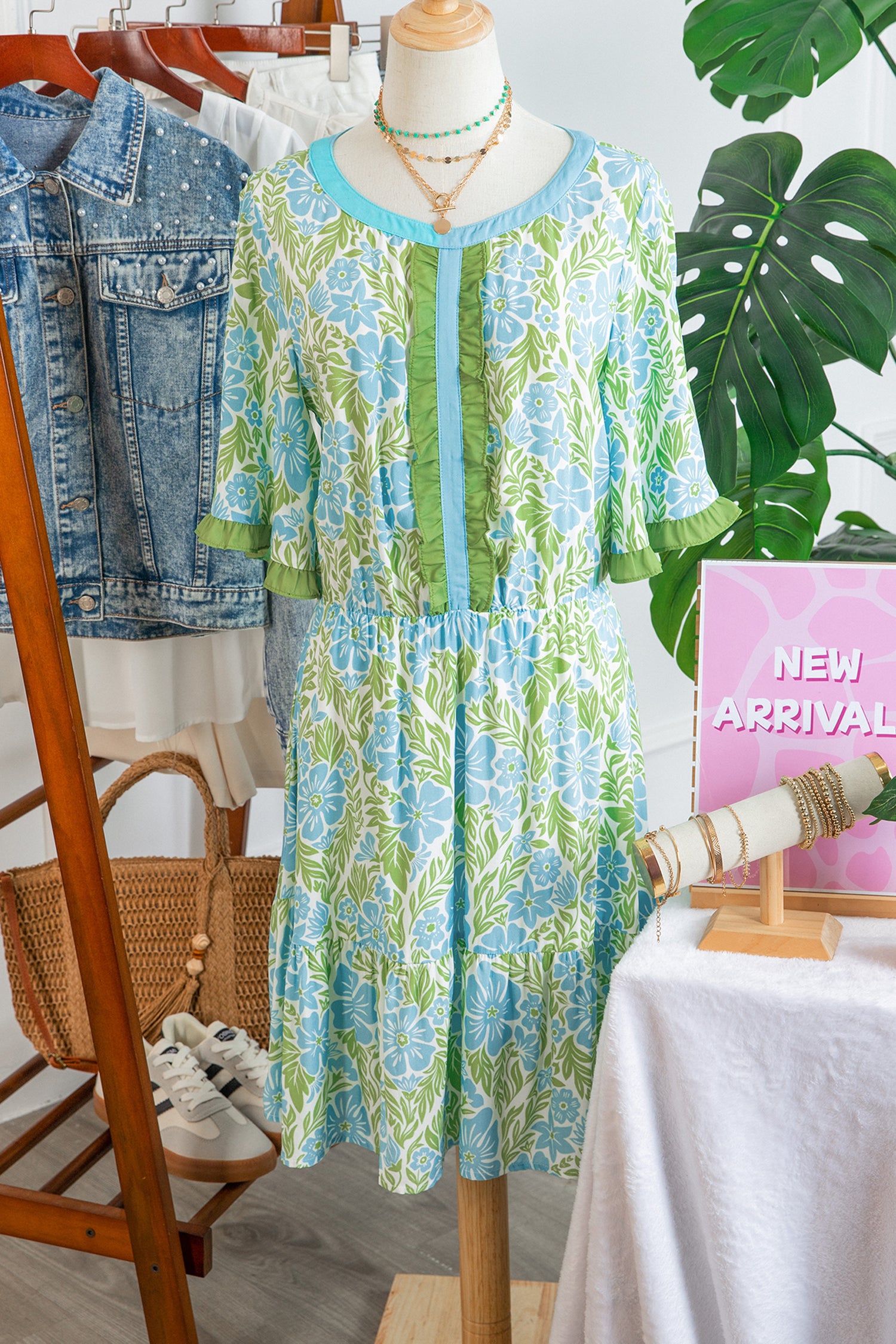 Sky Blue Floral High Waist Ruffle Short Sleeve Mini Dress Women UK