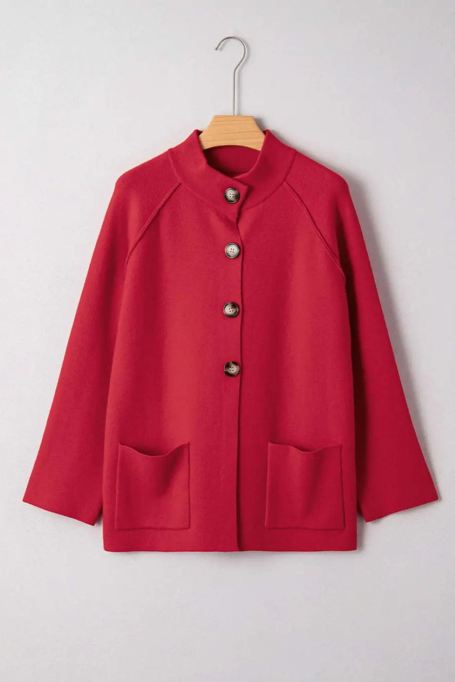 Red Collared Wrap Cardigan Jacket on hanger showing full front view, with button closure and patch pockets, from FashionFitz.