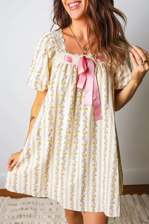 Multicolour Floral Lace Trim Bow Square Neck Mini Dress Women UK