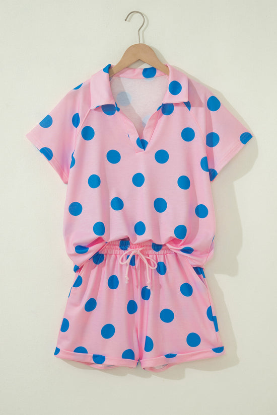 Polka Dot V Neck Short Sleeve Tee High Waist Drawstring Shorts Set