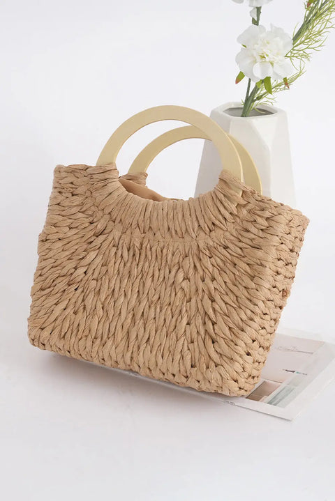 Women's retro straw woven handle bag front view summer
