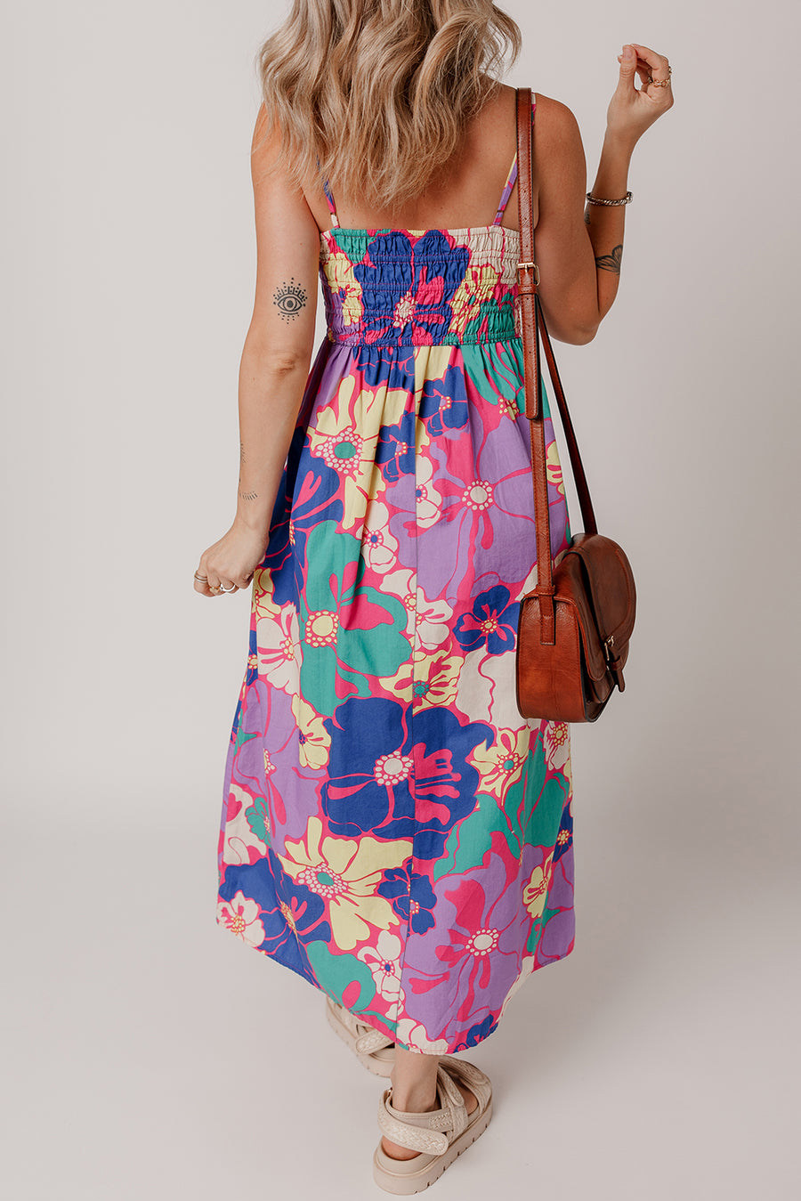 Purple Floral Shirred Spaghetti Strap Loose Maxi Dress Women UK