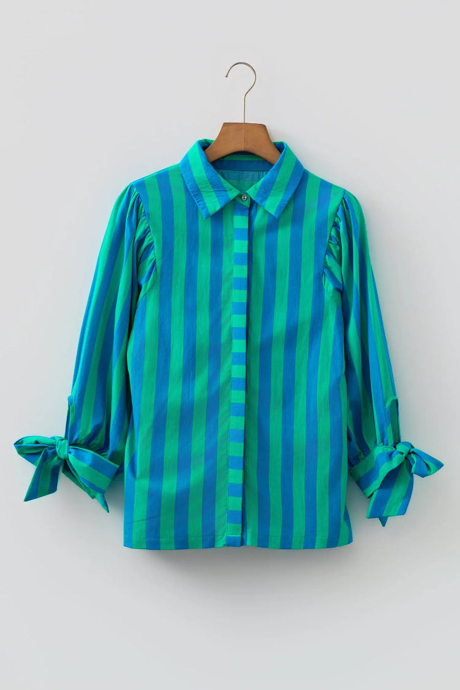 Stripe Tie Puff Sleeve Button Down Shirt Women UK