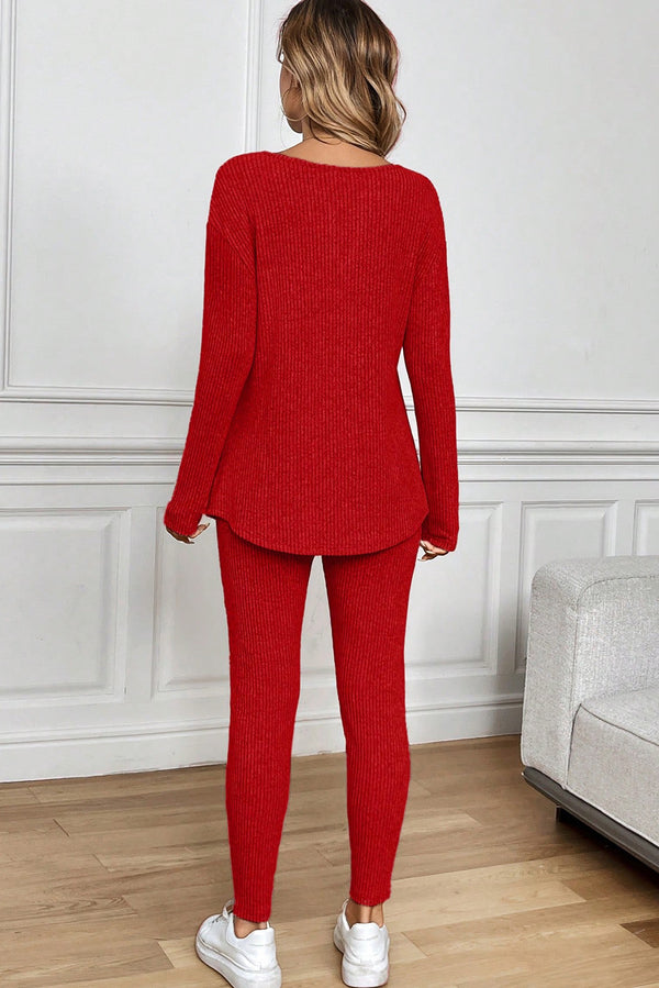 Ribbed Notched Neck Long Sleeve Top & Leggings Lounge Set Women UK