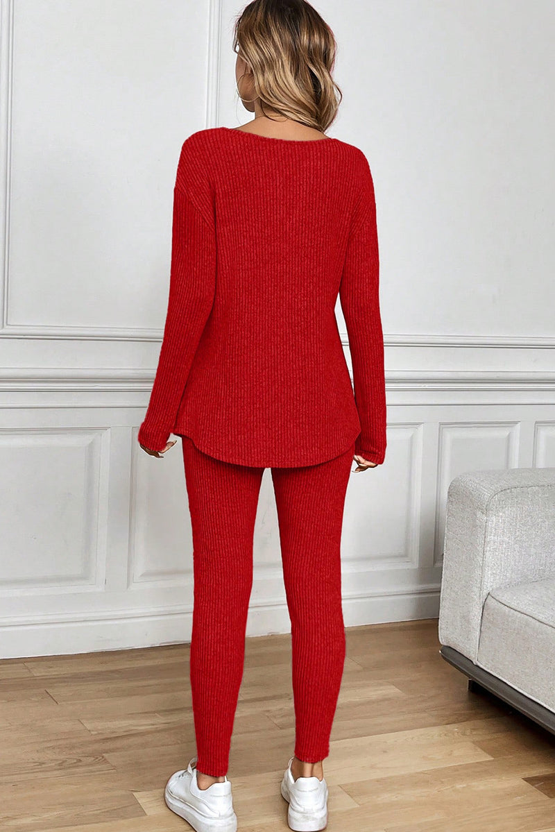 Ribbed Notched Neck Long Sleeve Top & Leggings Lounge Set Women UK