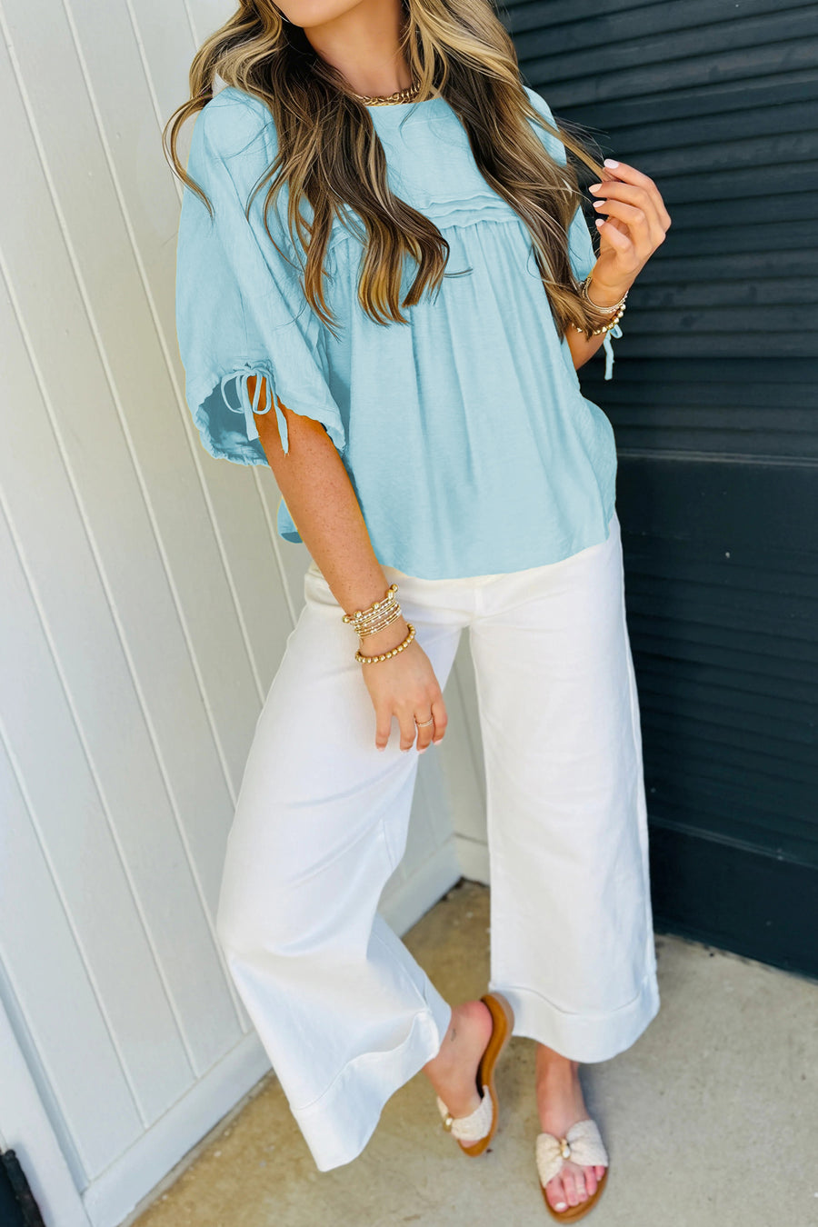 Tie Cuff Half Sleeve Pleated Babydoll Blouse — back view third option | Fashionfitz UK