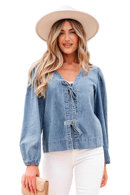 Blue Ties Puff Denim Top