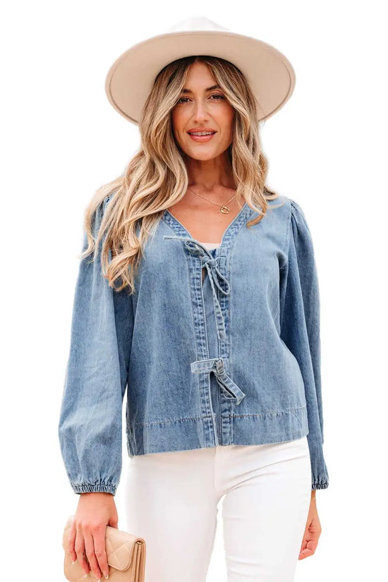 Blue ties puff denim top blouses