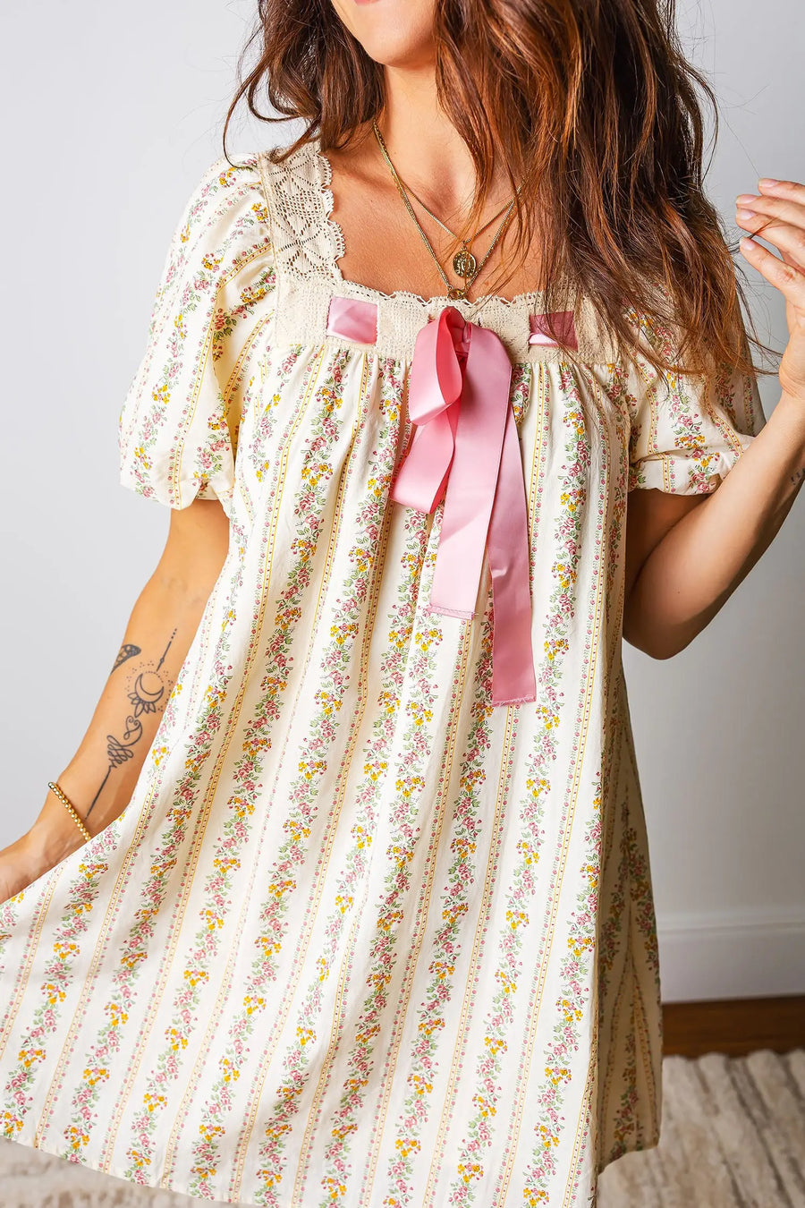 Multicolour Floral Lace Trim Bow Square Neck Mini Dress Women UK
