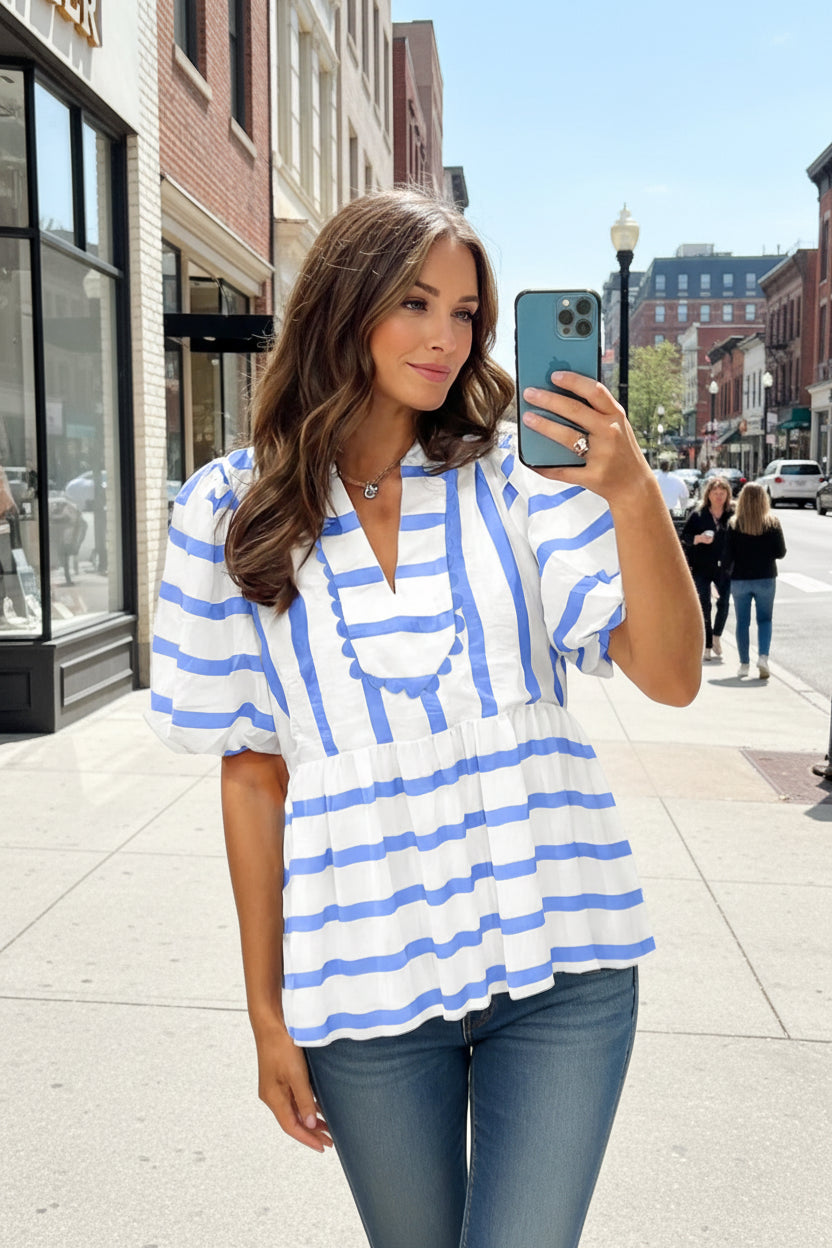 Sky blue stripe split v neck puff sleeve summer blouse