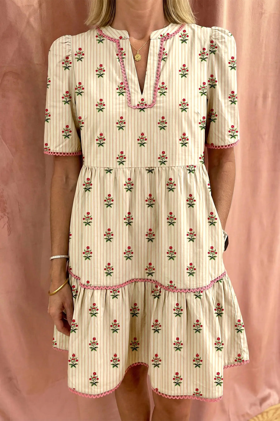 Apricot Striped Floral Contrast Ruffle Hem Mini Dress Women UK