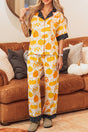 Orange Short Sleeve Pumpkin Print Polka Dot Trim Pocket Pocket Placket Home Wear Lounge Set