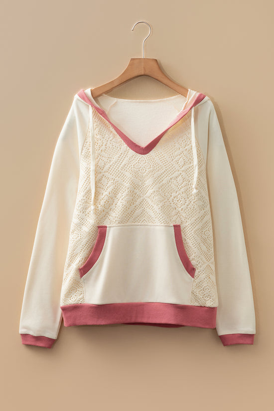 White Contrast Trim Crochet Knit Hoodie
