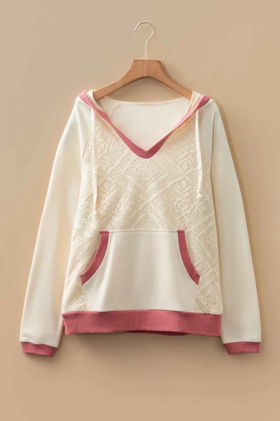 Women’s white contrast trim crochet knit hoodie | fadhionfitz